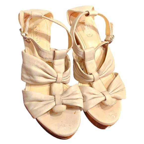 COACH Cream Leather Wooden Heel Wedge Sandals - Picture 3 of 3